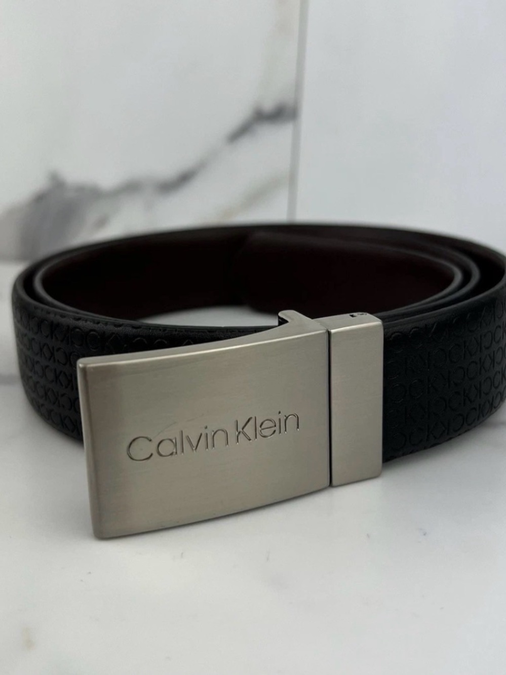Calvin Klein Brown Synthetic Leather Belt with Silver Buckle